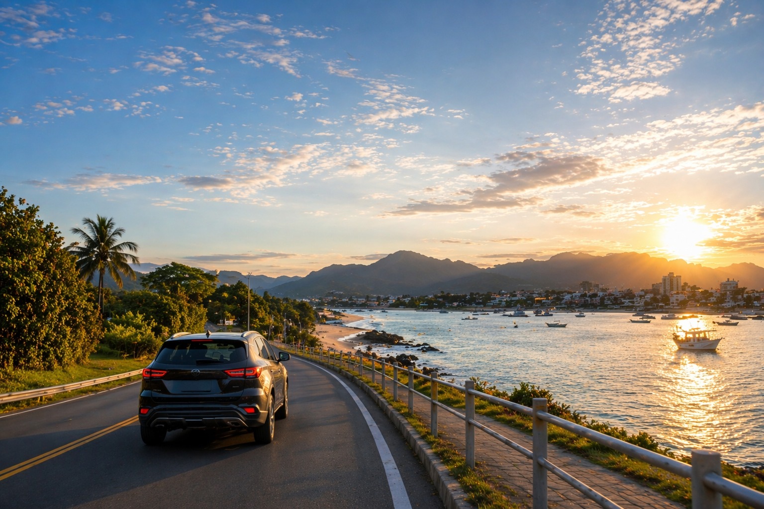 Estrada litorânea ao pôr do sol